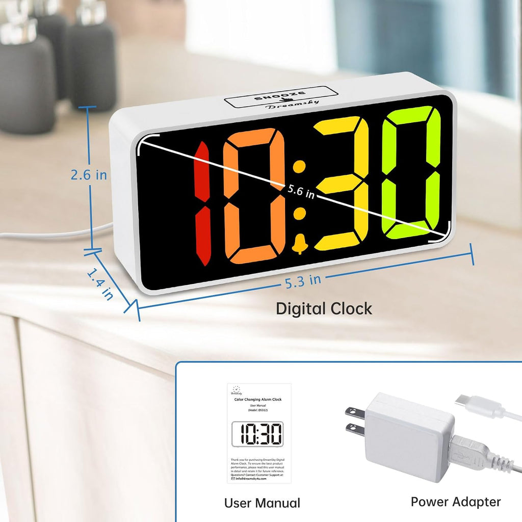 Dreamsky Small Digital Alarm Clock For Bedroom, Rgb Desk Clock For Kid Girl | Electric Clock With Large Numbers For Bedside Nightstand, Dimmer, Adjustable Alarm Volume, Usb Port, Usb-C Adapter Powered