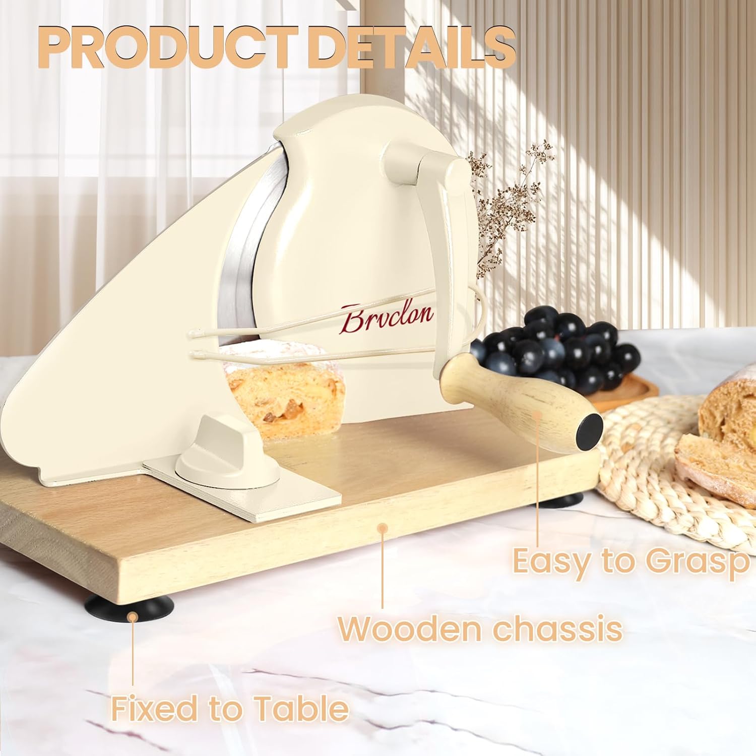 Brvclon Manual Bread Slicer Adjustable Thickness, Hand Crank Bread Slicer for Homemade Sourdough Bread with Scale Line & Suction Cup & Metal Guide,Quality Solid Wood Base & Gift-Level Packaging