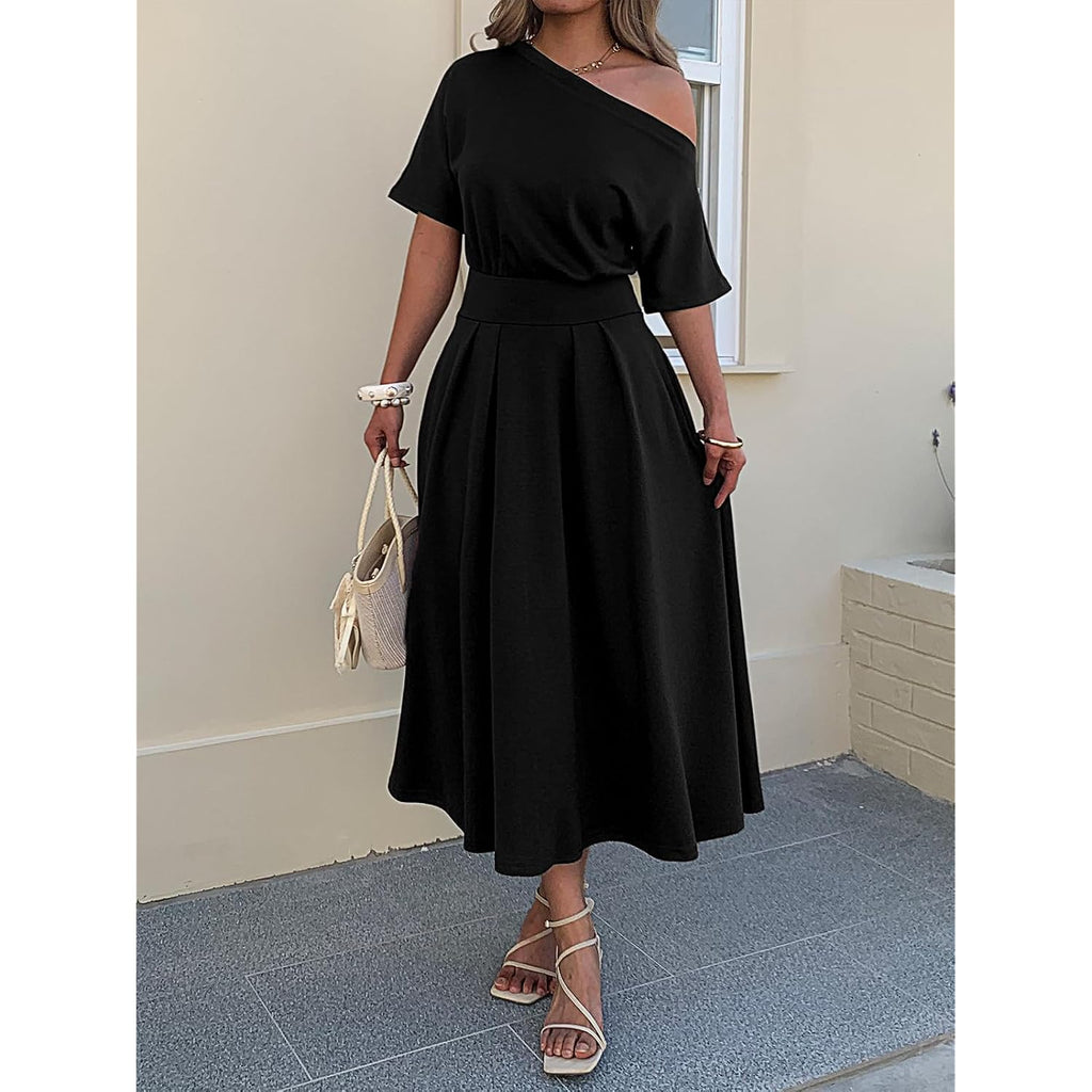 Mieazom Elegant One Shoulder Maxi Dresses For Women Summer Casual Loose Empire Waist Pleated Formal Long Dress With Pockets