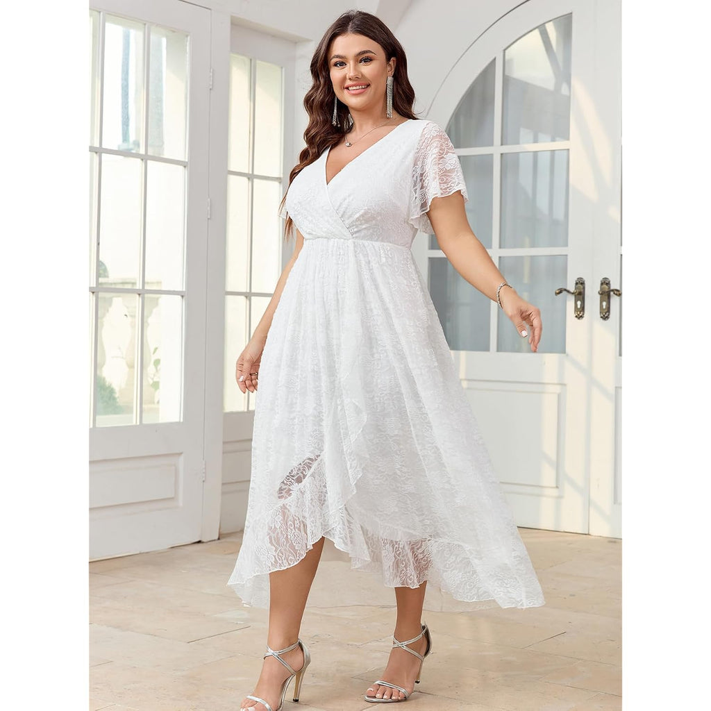 Scomchic Womens Plus Size Wedding Guest Dress Formal Lace Wrap V Neck High Low Short Sleeve Cocktail Maxi Dresses Xl-4Xl
