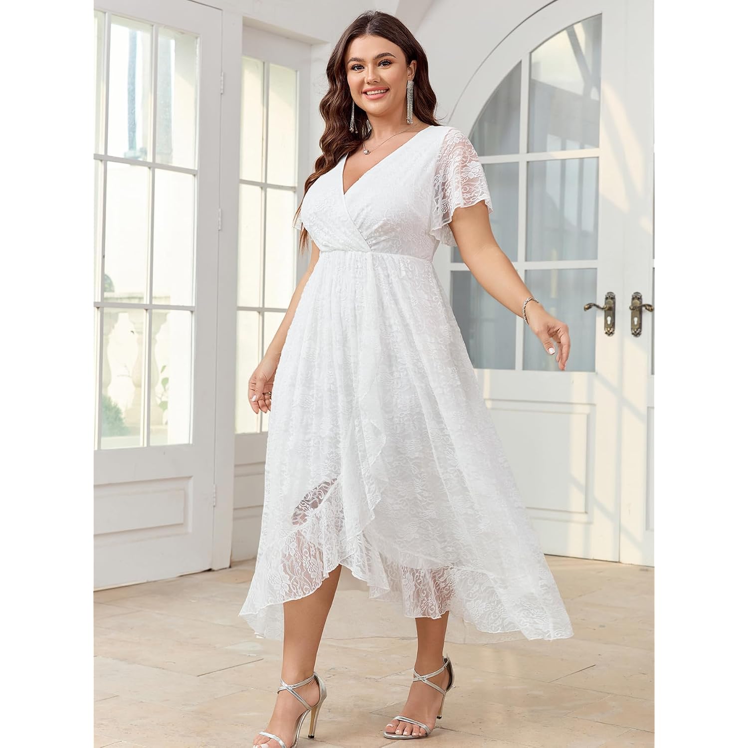 Scomchic Womens Plus Size Wedding Guest Dress Formal Lace Wrap V Neck High Low Short Sleeve Cocktail Maxi Dresses Xl-4Xl