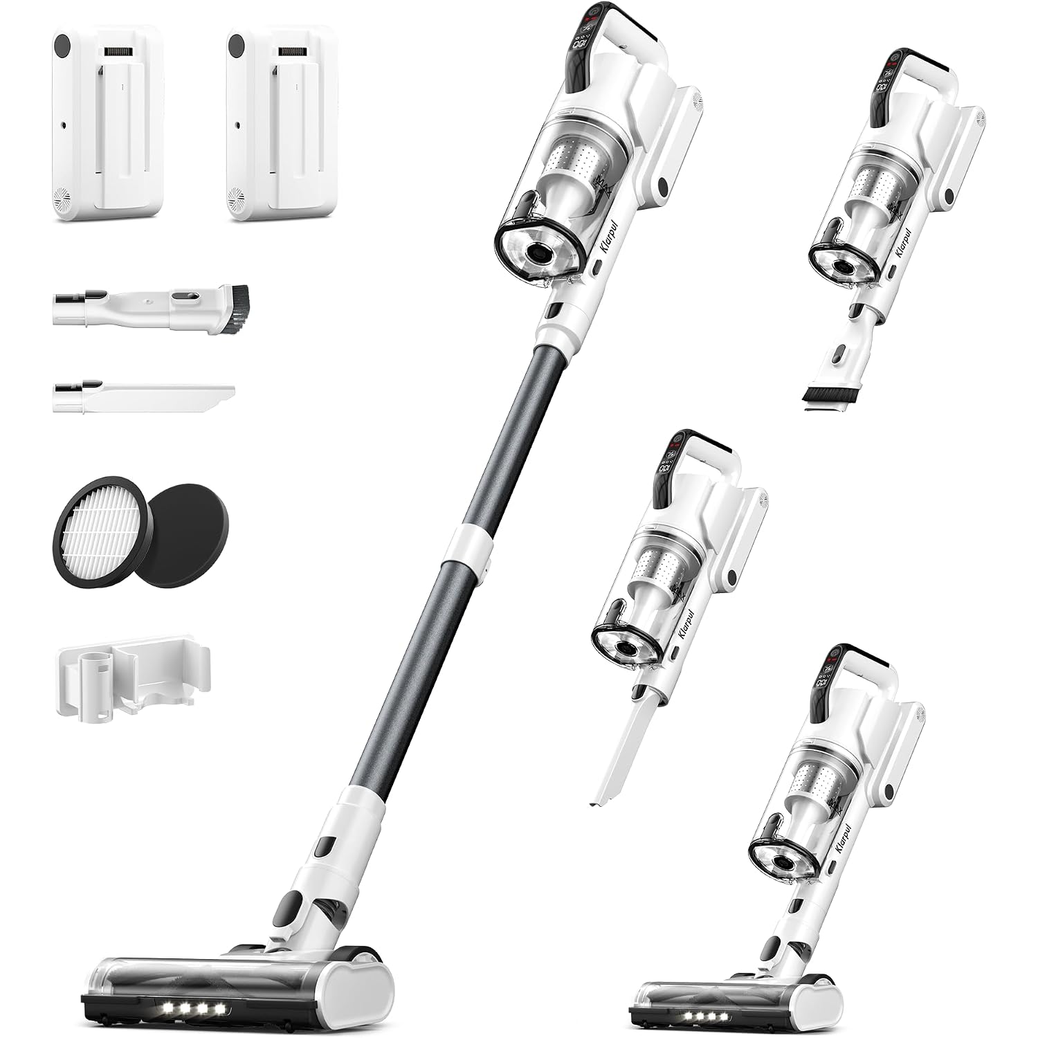 Klarpul Cordless Vacuum Cleaner, 2 Batteries 140 Mins Runtime 600W 50Kpa Stick Vacuum Cordless, Self-Standing Vacuum Cleaners For Home With 2.5H Fast Charging, For Floor/Carpet/Pet Hair, White