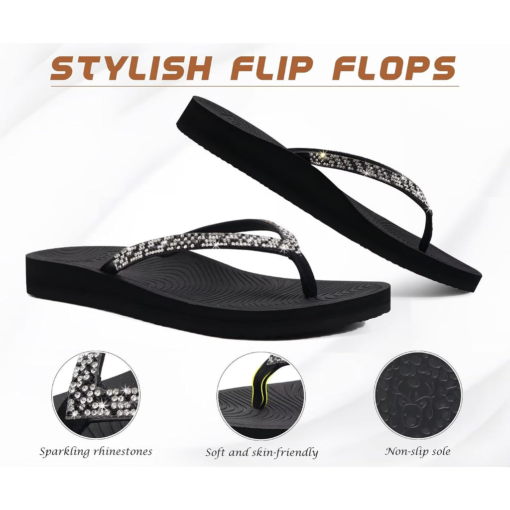 Kuailu Women'S Rhinestone Flip Flops With Comfort Arch Support Yoga Mat Cushion Sandals Fashion Summer Beach Travel Orthotic Walking Thong Sandles Slip On Plantar Fasciitis Indoor Outdoor Shoes