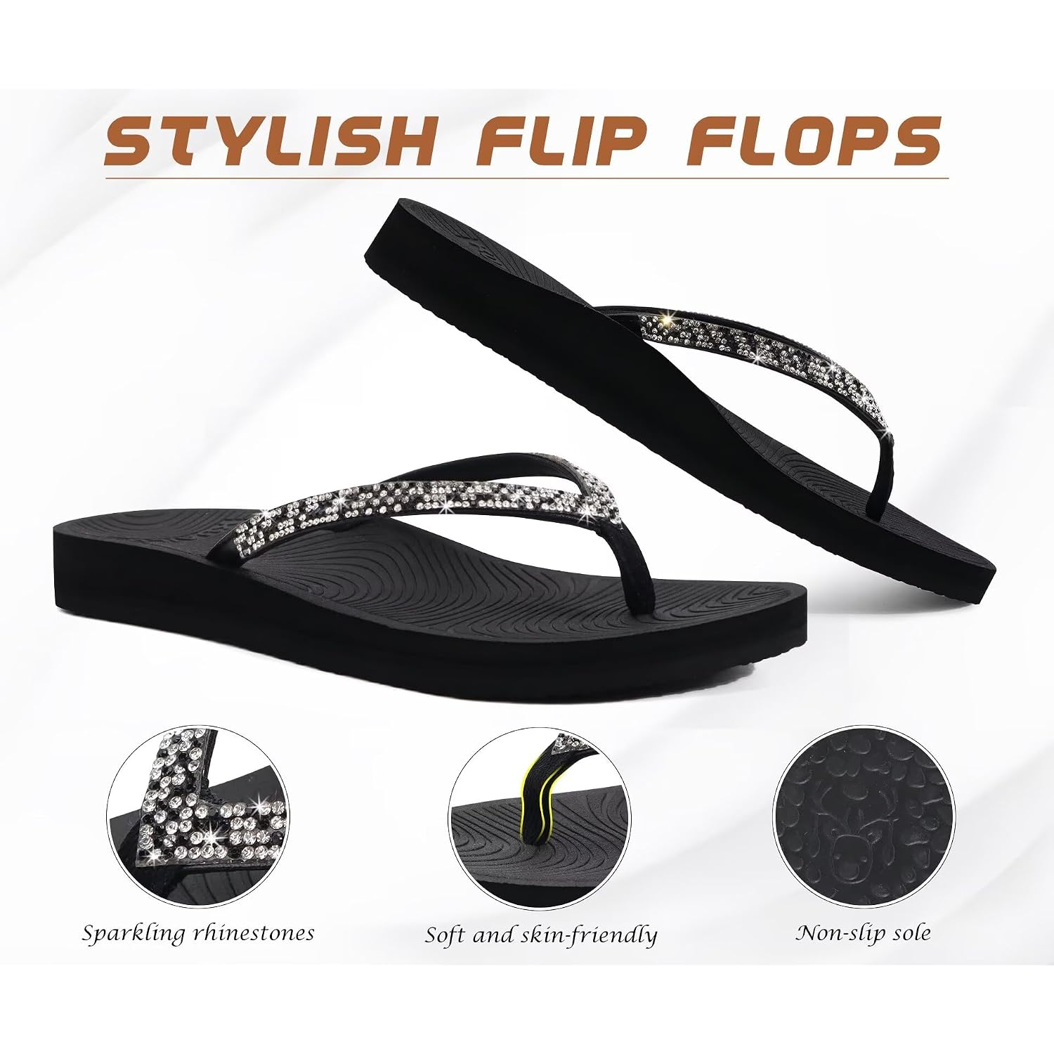 Kuailu Women'S Rhinestone Flip Flops With Comfort Arch Support Yoga Mat Cushion Sandals Fashion Summer Beach Travel Orthotic Walking Thong Sandles Slip On Plantar Fasciitis Indoor Outdoor Shoes