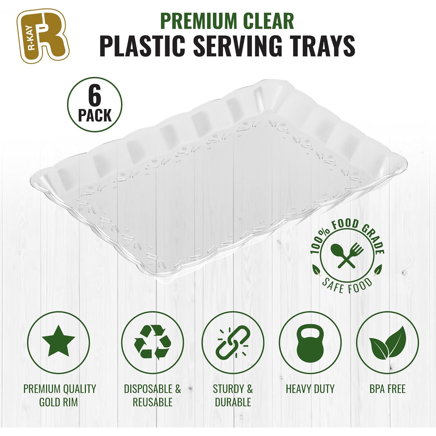 6 Pack Clear Plastic Serving Trays for Party, 9 x 13 Inch - Heavy Duty Plastic Trays for Food - Rectangular Party Serving Trays and Platters - Clear Disposable Trays
