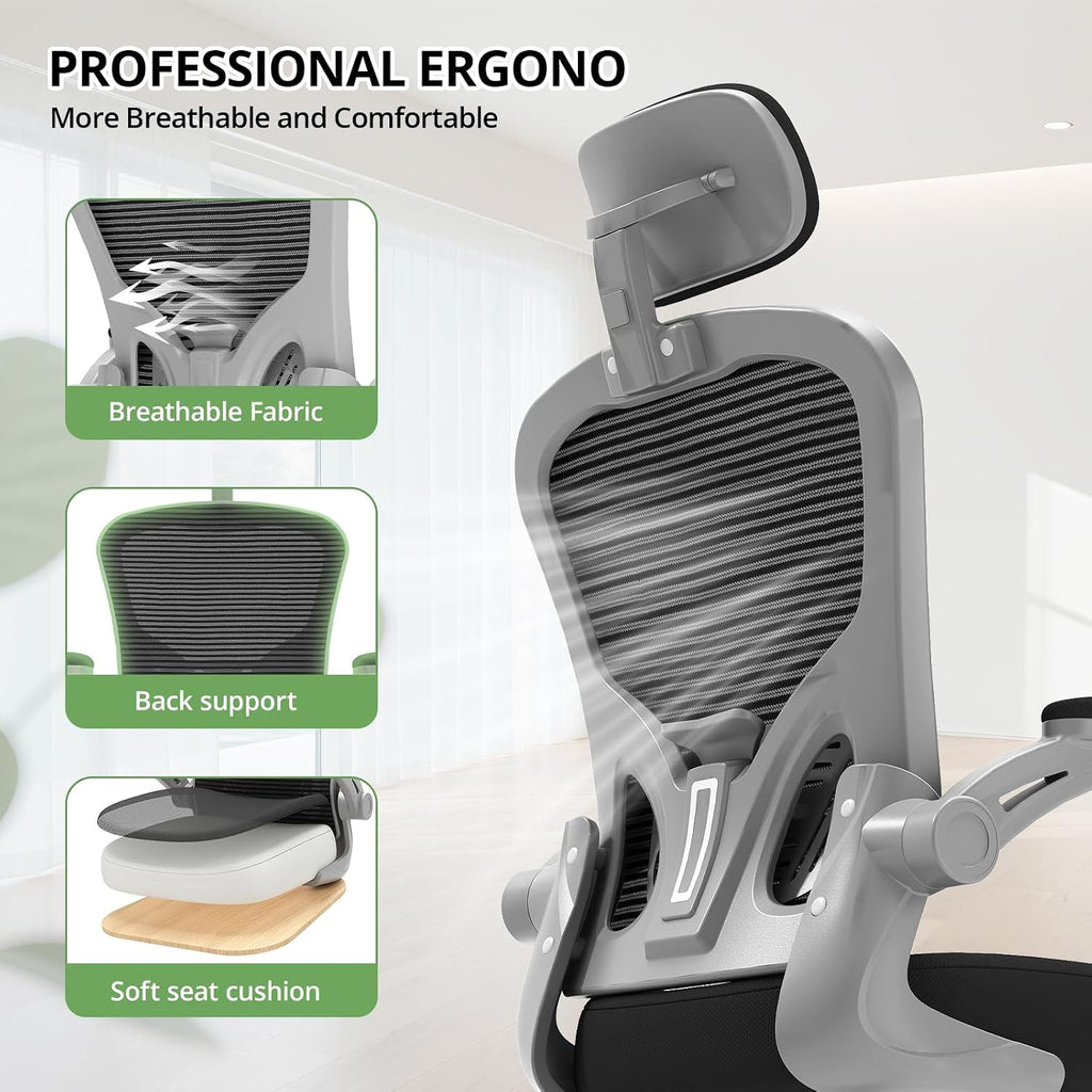 Office Chair Ergonomic Desk Chair, 330Lbs Capacity, High Back Computer Chair For Long Hours Comfortable, Rolling Swivel Executive Task Chair For Home Office With Flip-Up Armrests, Black