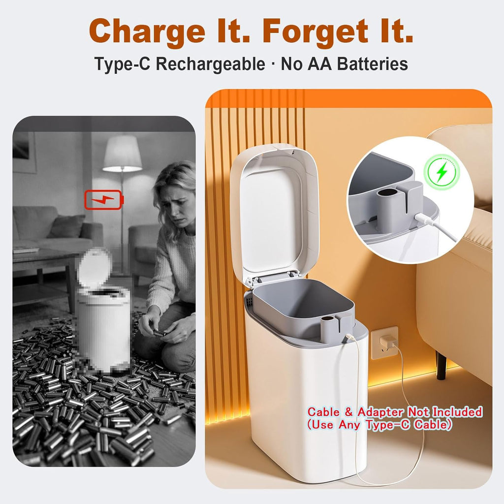 Bathroom Trash Can With Lid, Automatic Motion Sensor Trash Can, 3.5 Gallon Garbage Can, Type-C Rechargeable, Bag-Holding Design, One-Pull Auto Packing, Quiet-Close Hinge For Bedroom, Office