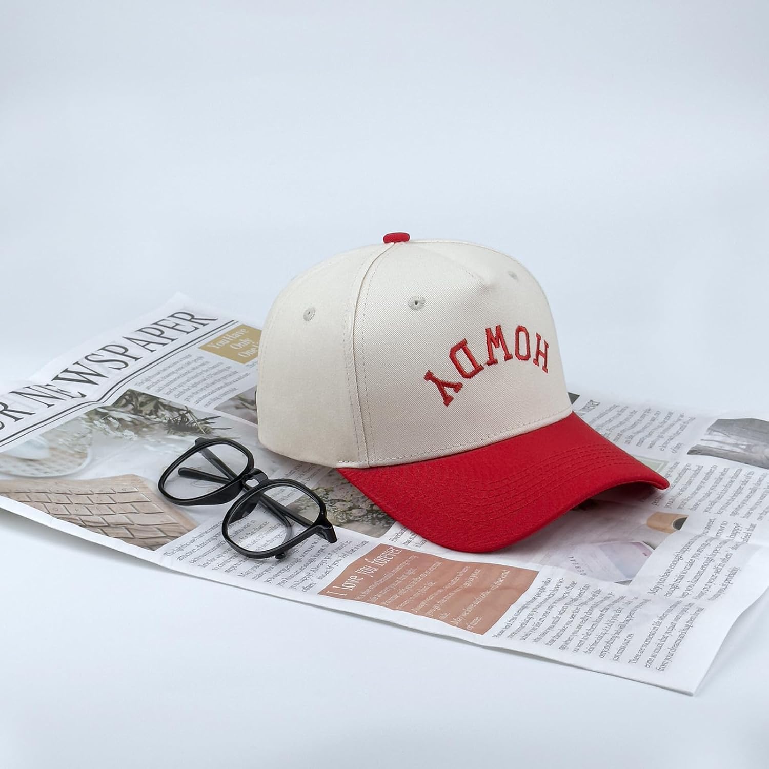Two-Tone Cotton Baseball Cap with Embroidered Western Sayings - Adjustable Cowboy Style Hat for Men and Women Howdy - Red/Beige