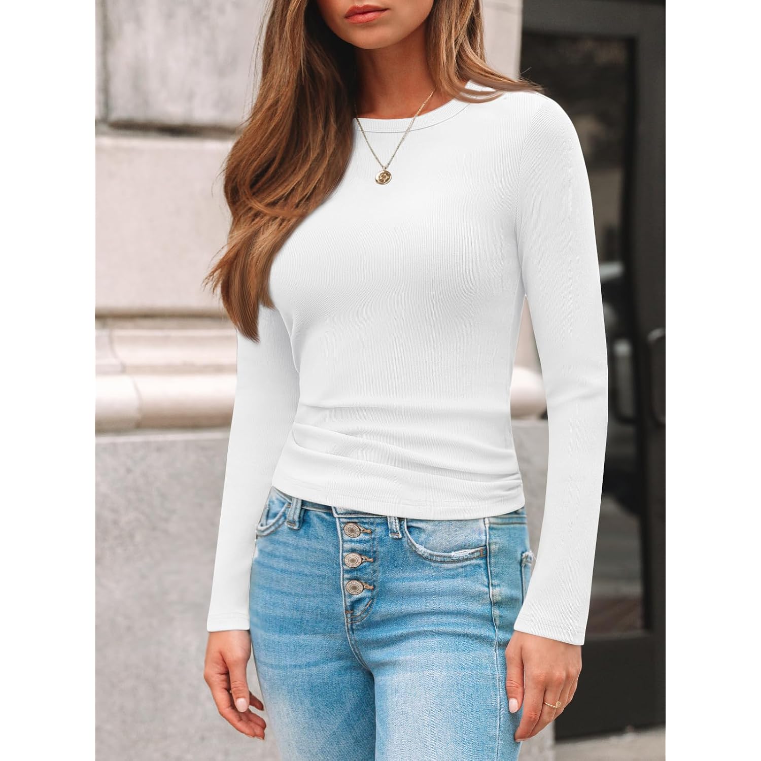 Automet Women'S Ribbed Long Sleeve Basic Top - Soft Stretch Crewneck Shirt For Work & Casual