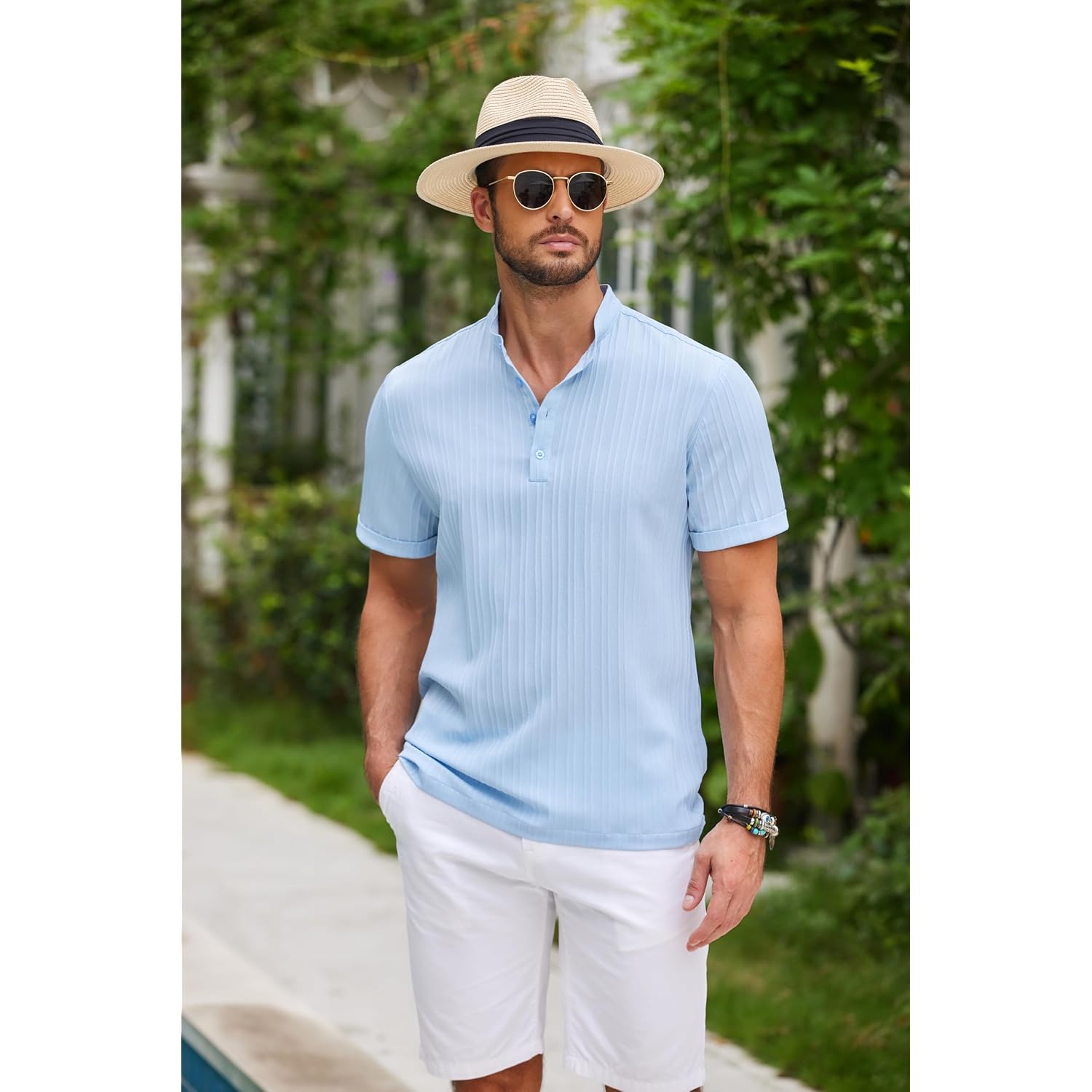Coofandy Men Casual Henley Tee Shirt Short Sleeve Band Collar Summer Beach Textured T-Shirt