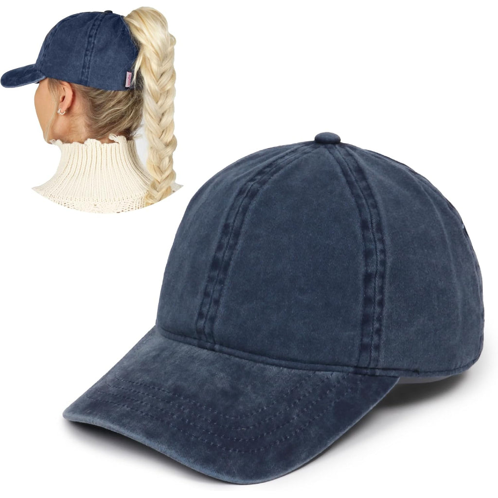 D&Y Vintage Wash Ponytail Hat, Patented Women’s Cotton Ponytail Baseball Cap with Open Back for Ponytails and Buns Jessie Navy