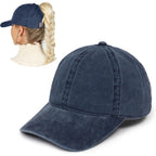 D&Y Vintage Wash Ponytail Hat, Patented Women’s Cotton Ponytail Baseball Cap with Open Back for Ponytails and Buns Jessie Navy