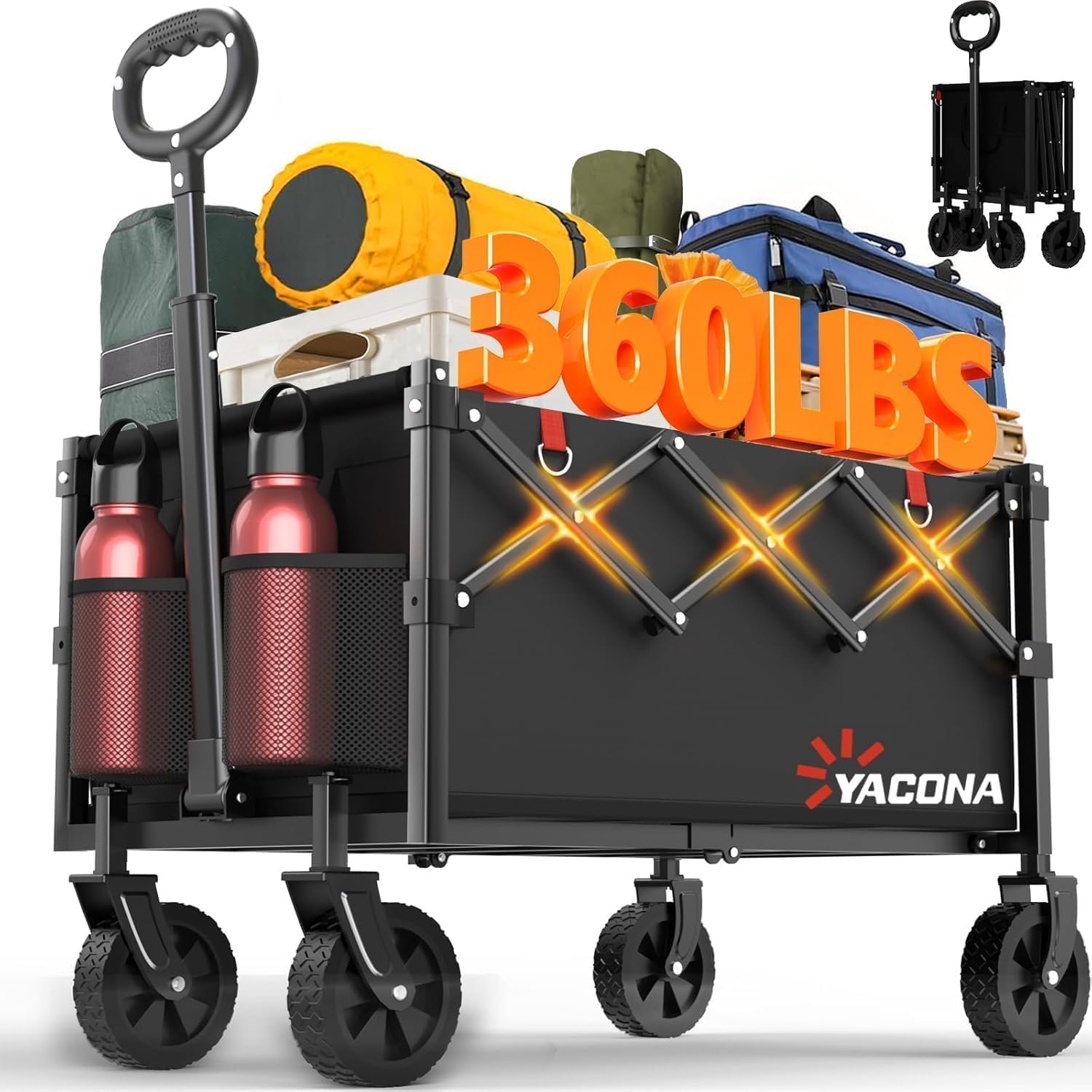 Yozoia Wagons Carts Foldable, Lightweight Portable Utility Shopping Cart With Wheels, Folding Grocery Wagon Cart For Grocery, Camping, Shopping, Beach, Garden, Sports Black