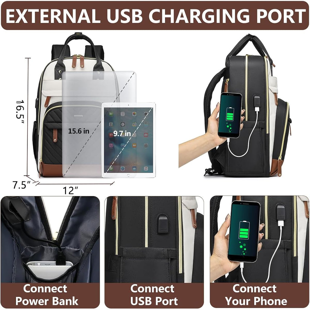 Laptop Backpack For Women Bag - 15.6 Inch Work Travel Backpack With Usb Charger College Bookbag Waterproof Business Computer Backpack Anti-Theft Casual Backpacks For Nurse Teacher Beige Black Brown