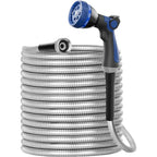 Specilite 50Ft 304 Stainless Steel Garden Hose Metal, Heavy Duty Water Pipe With Nozzles For Yard, Outdoor - Flexible, Never Kink & Tangle, Puncture Resistant (Sliver)