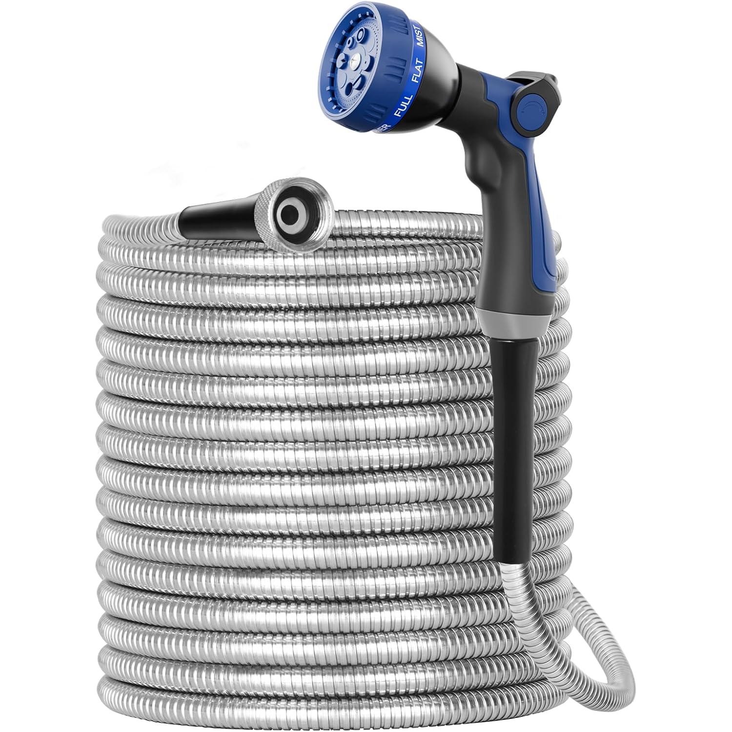 Specilite 50Ft 304 Stainless Steel Garden Hose Metal, Heavy Duty Water Pipe With Nozzles For Yard, Outdoor - Flexible, Never Kink & Tangle, Puncture Resistant (Sliver)