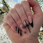 24Pcs Christmas Press on Nails Long Almond French Tip Fake Nails with Black Stripes Christmas Gifts Design Snowflake False Nails Winter Holiday Stick on Nails for Women DIy Acrylic Manicure Decoration