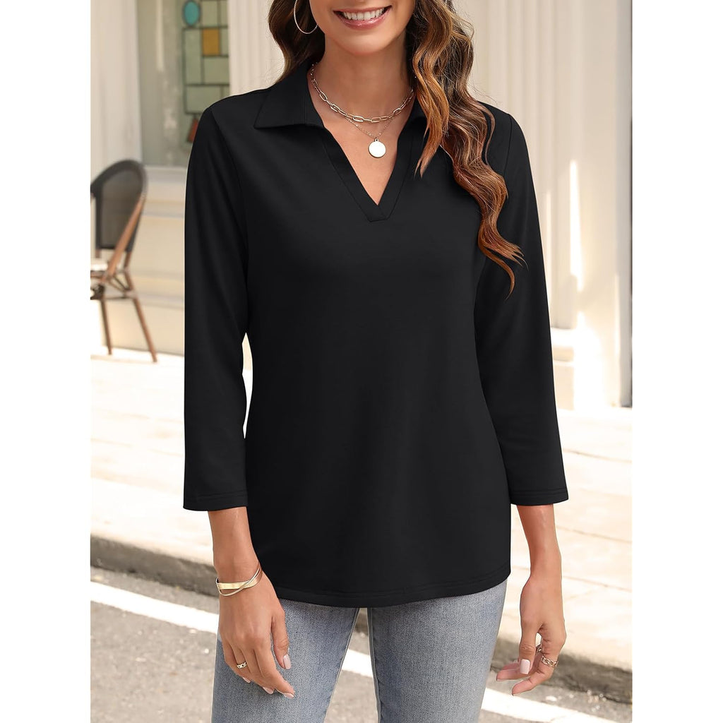 Ticticmiss Womens V Neck Polo Shirts 3/4 Sleeve Collared Tops Business Casual Summer Tops Trendy Loose