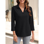 Ticticmiss Womens V Neck Polo Shirts 3/4 Sleeve Collared Tops Business Casual Summer Tops Trendy Loose
