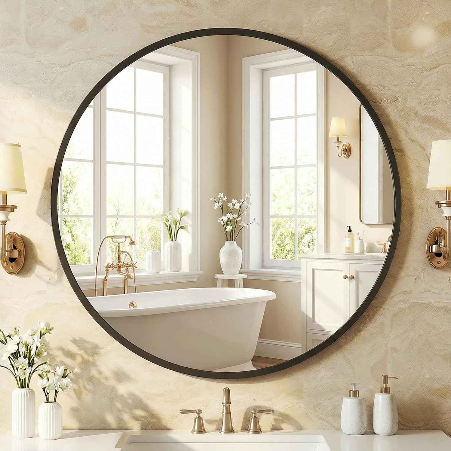 Newbulig 30 Inch Round Wall Mirror, Bathroom Mirrors For Over Sink, Matte Metal Framed Circle Vanity Mirror, Wall Decor For Bedroom, Entryway, Anti-Rust, Tempered Glass, Hanging Or Leaning, Black