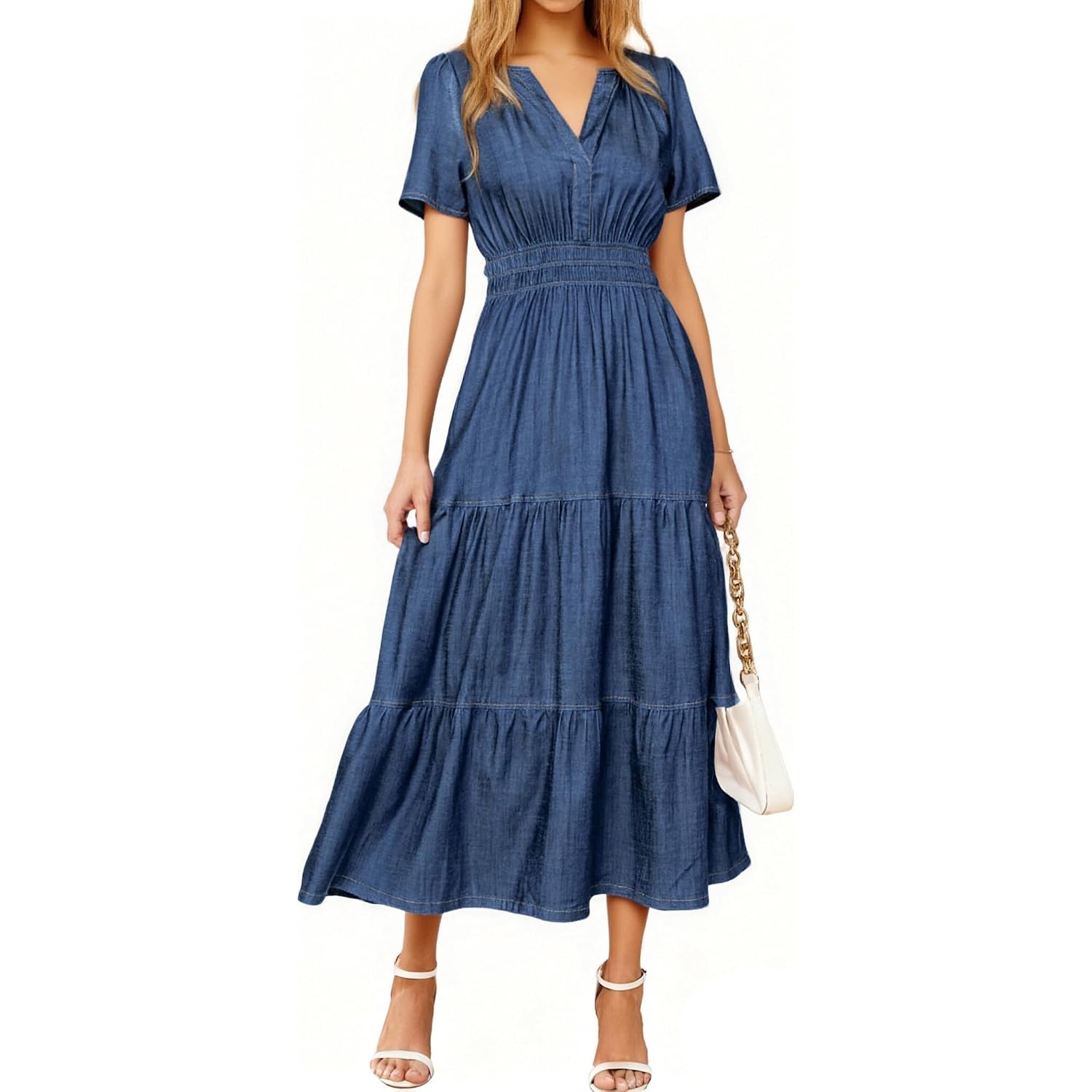 Simplee Womens Summer Denim Dress Casual Short Sleeve V Neck Empire Waist Boho Flowy Western Jean Maxi Dresses With Pockets