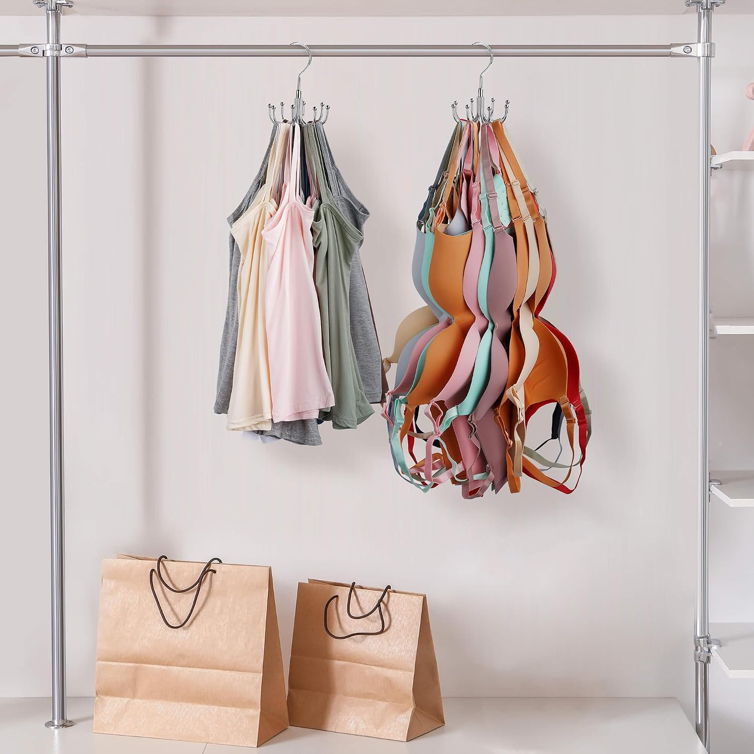 Tank Top Hanger, Rotatable Bra Organzier For Closet, Max 24 Storage Capacity Sport Bras Holder, Metal Space Saving Closet Organizers And Storage, Silver