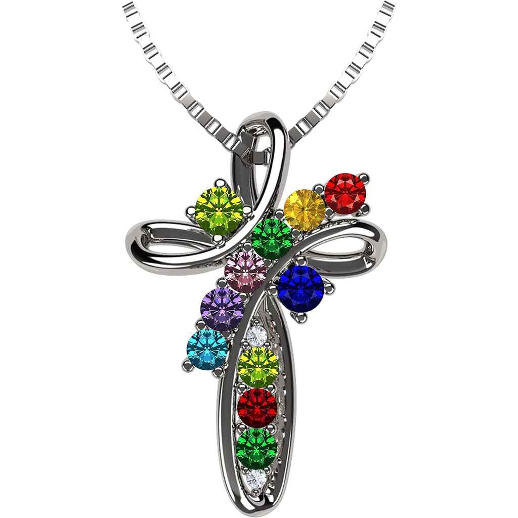 Central Diamond Center Family Cross Birthstone Mothers Necklace w/ 1 to 11 Simulated Birthstones in Solid 925 Sterling Silver