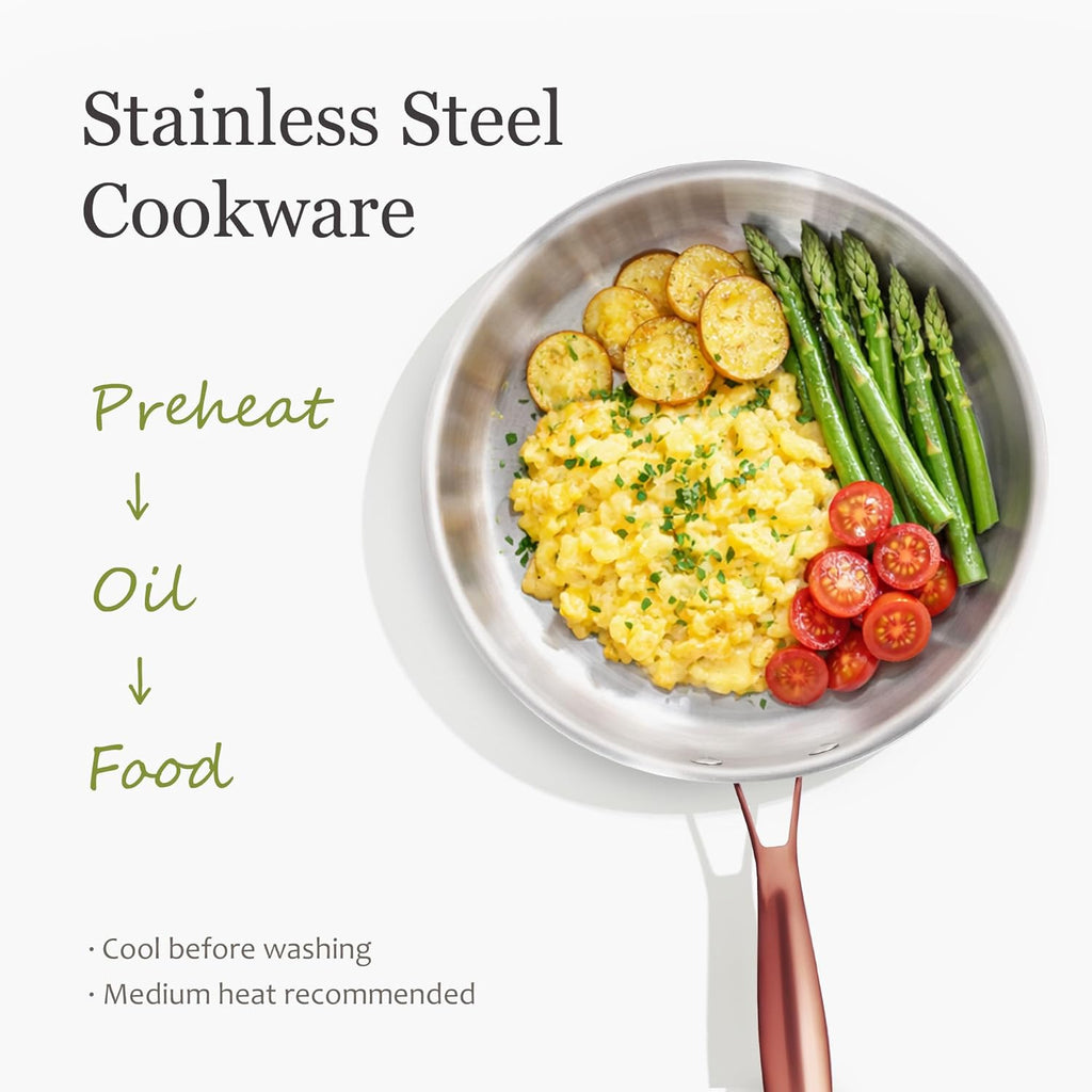 CAROTE 3-Piece Tri-Ply Stainless Steel Frying Pan Set, Skillet Set 8"/10"/12", Induction Compatible, Oven & Dishwasher Safe, Gold Handle, Mothers Day Gifts