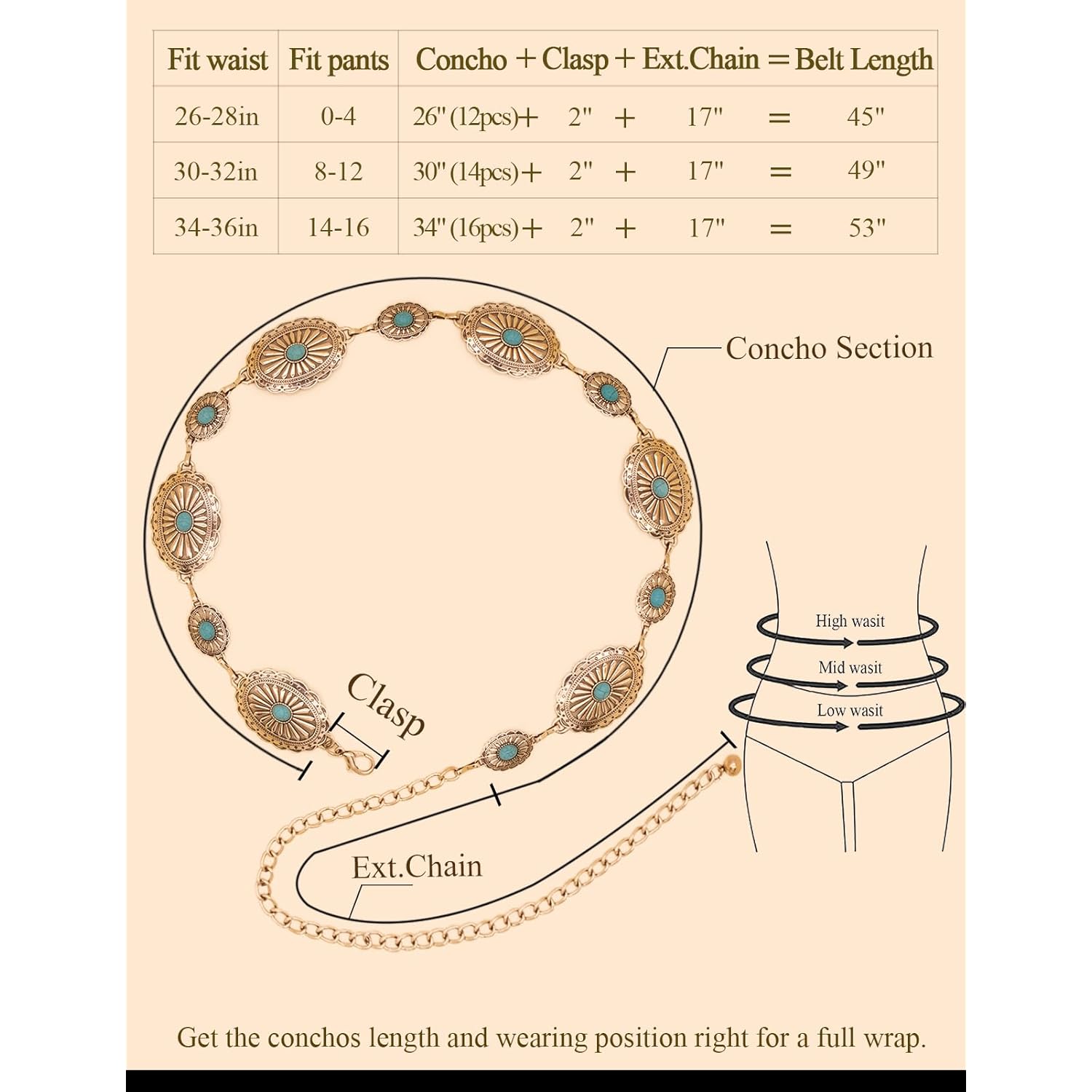 TOPACC Western Metal Concho Belt for Women Cowgirl Chain Belts for Dresses Jeans Country Concert Outfit