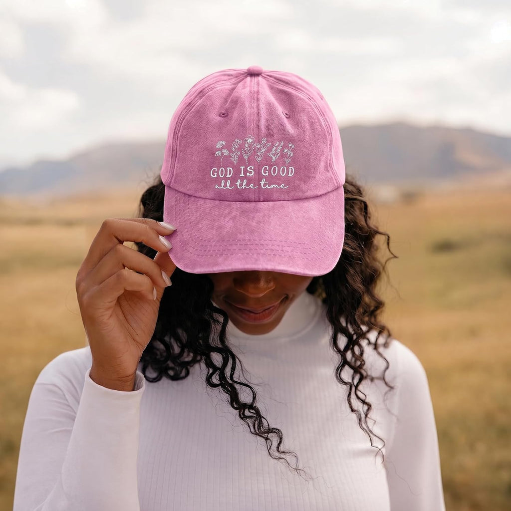 God is Good Christian Jesus Hats for Women Faith Religous Hat Adjustable Embroidered Vintage Washed Baseball Caps Pink