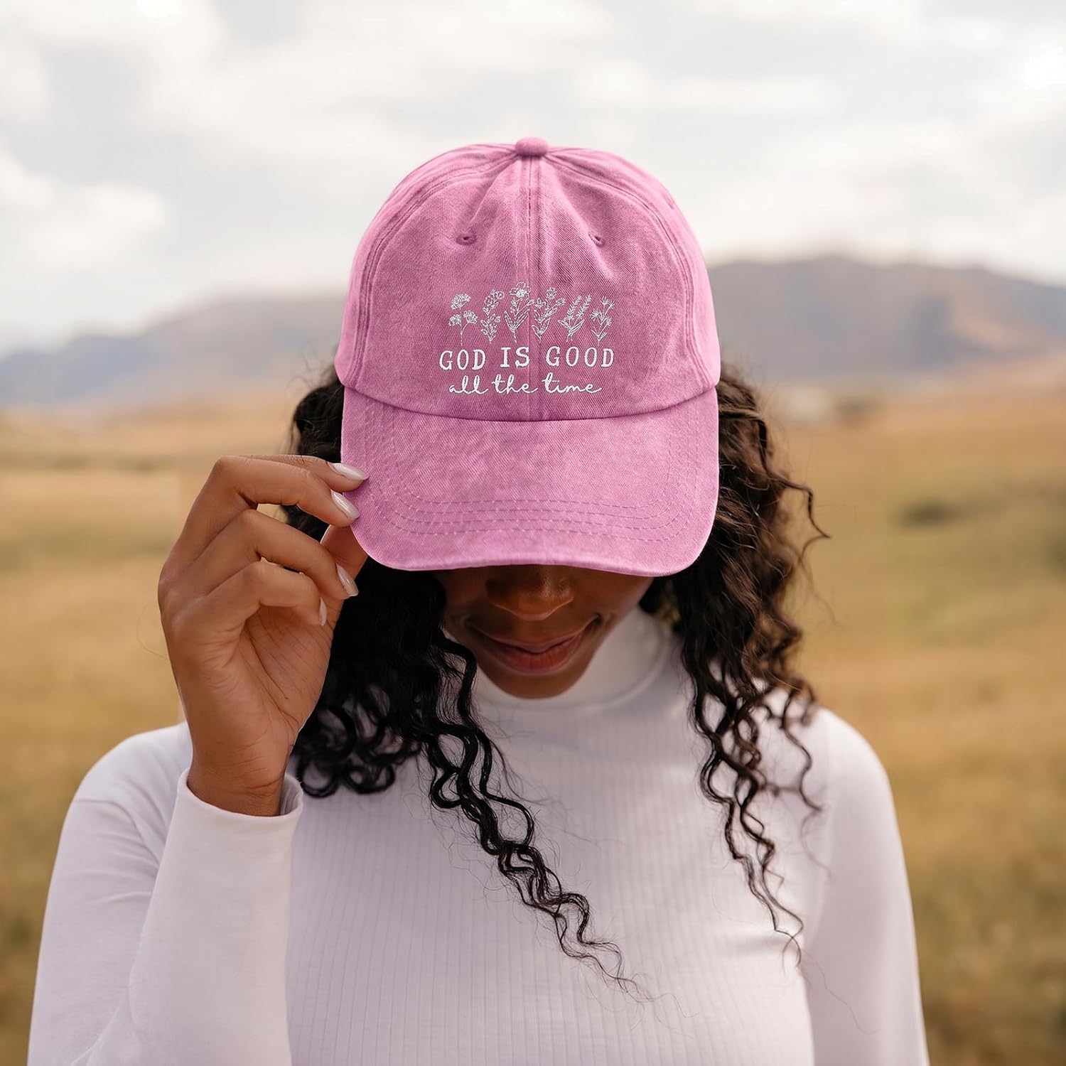 God is Good Christian Jesus Hats for Women Faith Religous Hat Adjustable Embroidered Vintage Washed Baseball Caps Pink