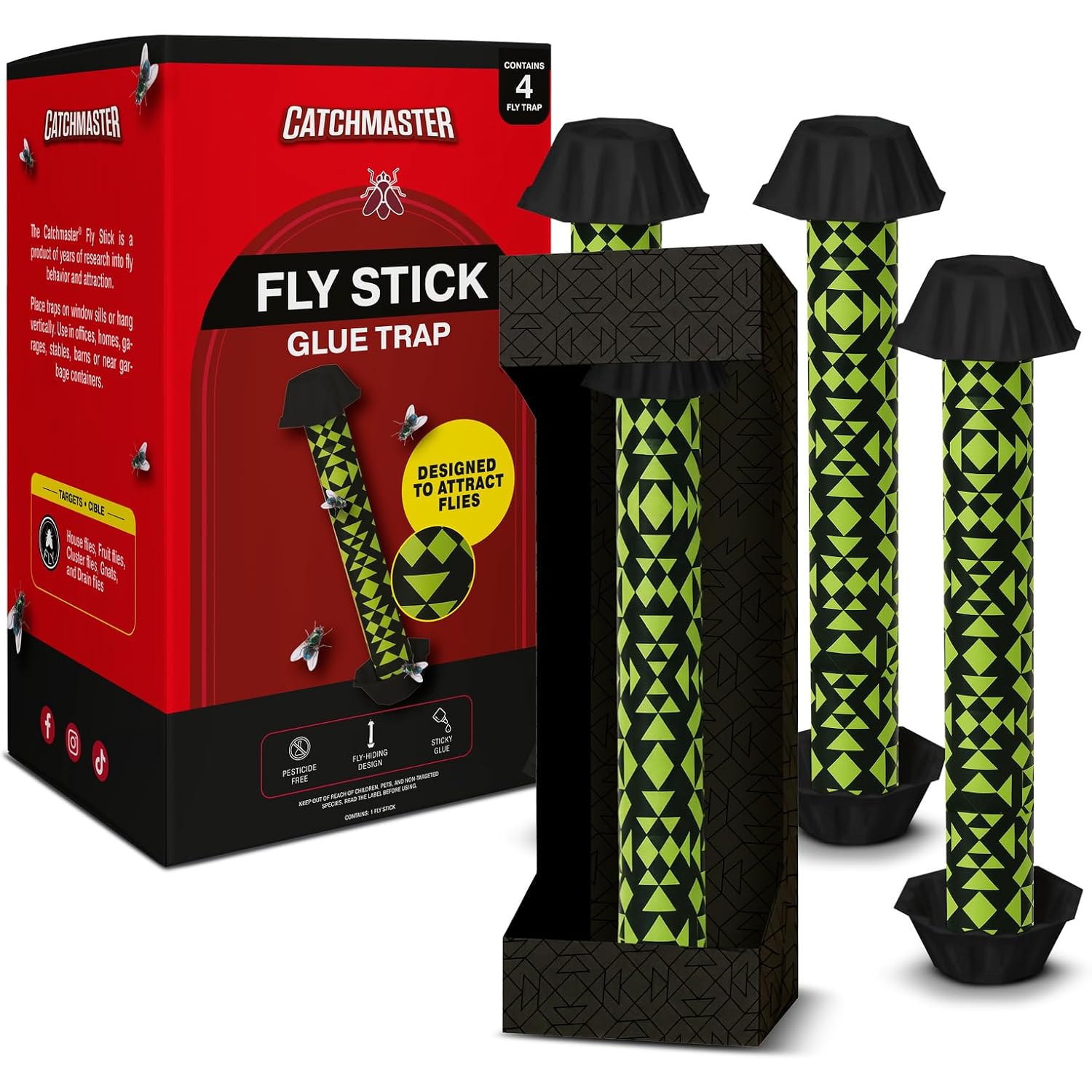Catchmaster Fly Stick 4-Pack, Sticky Hanging Fly Traps Indoor & Outdoor | High-Contrast Design Attracts And Hides Flies; Unscented; Captures Flies, Gnats & Insects; Heavy Duty Glue; Hang Or Stand