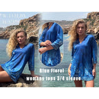 Womens 3/4 Length Sleeve Tops V Neck Tunic Casual Dressy Blouse Floral Printed Shirts