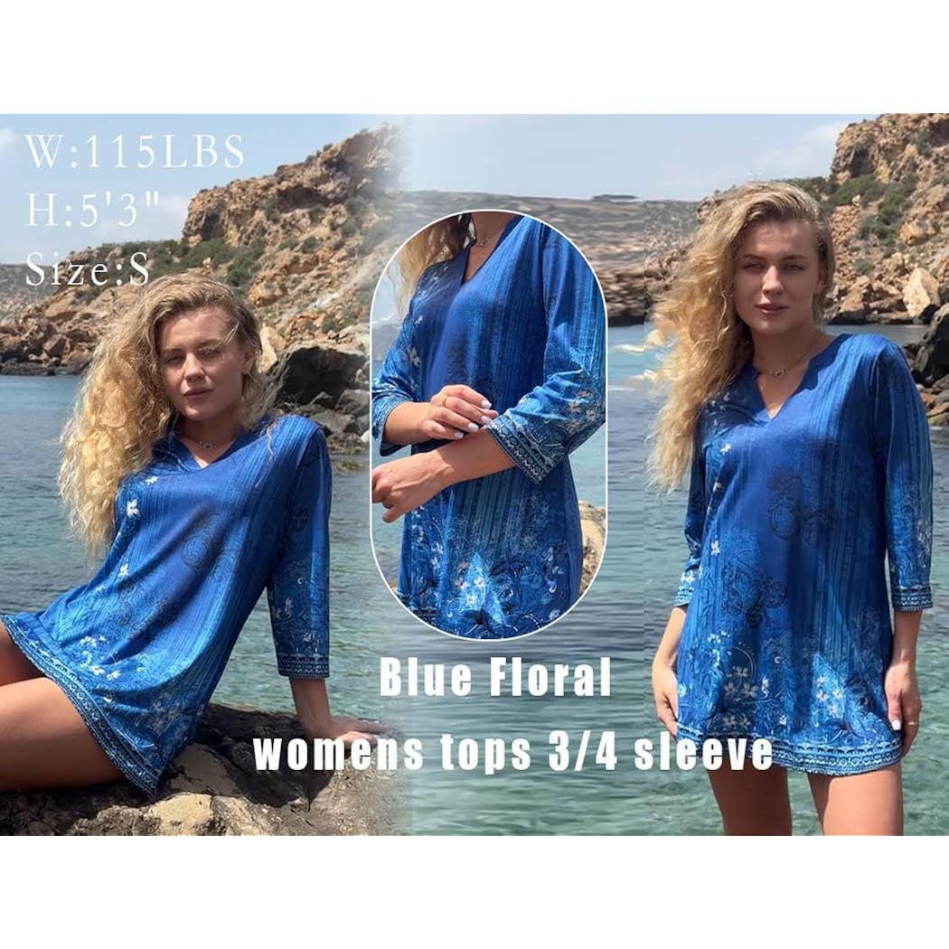 Womens 3/4 Length Sleeve Tops V Neck Tunic Casual Dressy Blouse Floral Printed Shirts