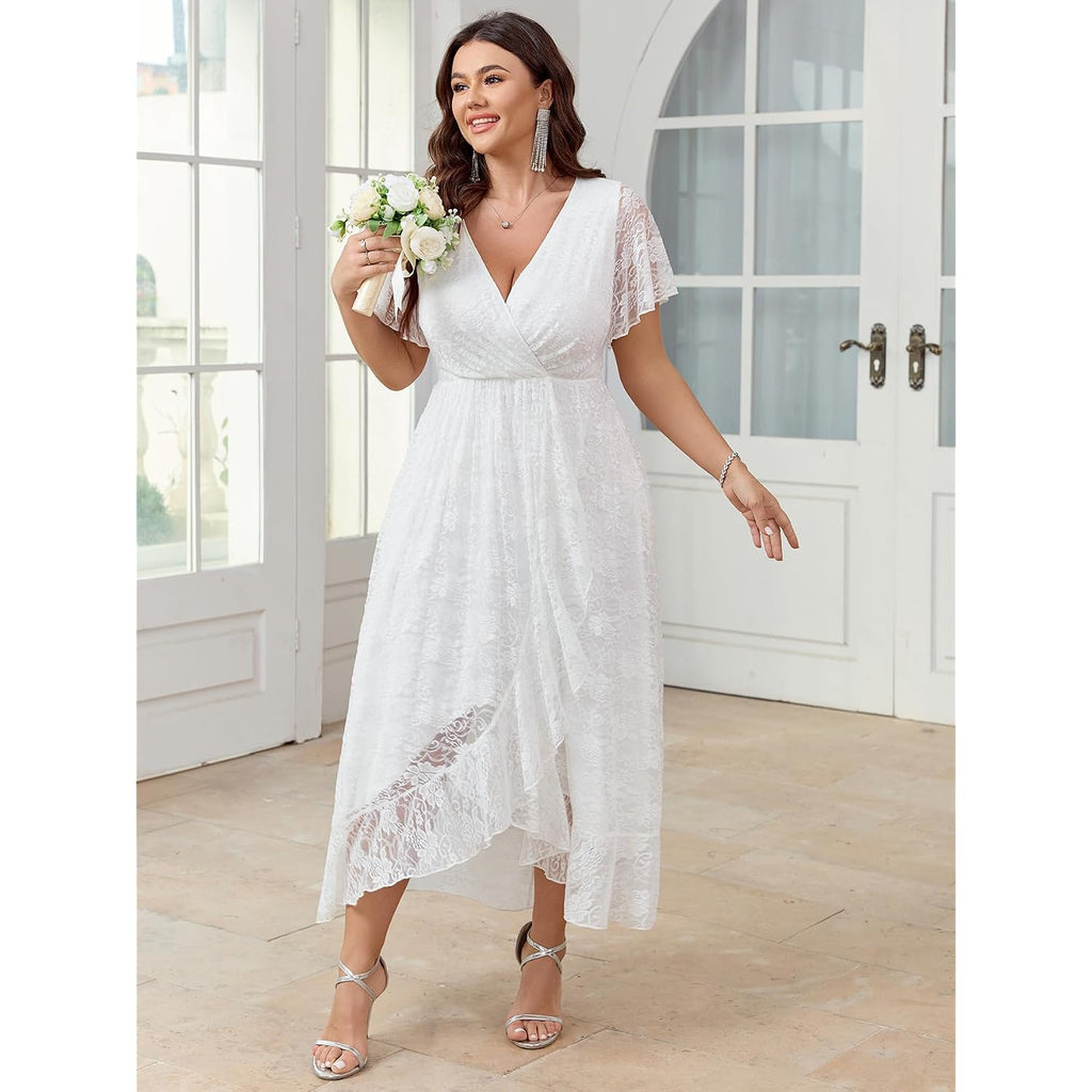 Scomchic Womens Plus Size Wedding Guest Dress Formal Lace Wrap V Neck High Low Short Sleeve Cocktail Maxi Dresses Xl-4Xl