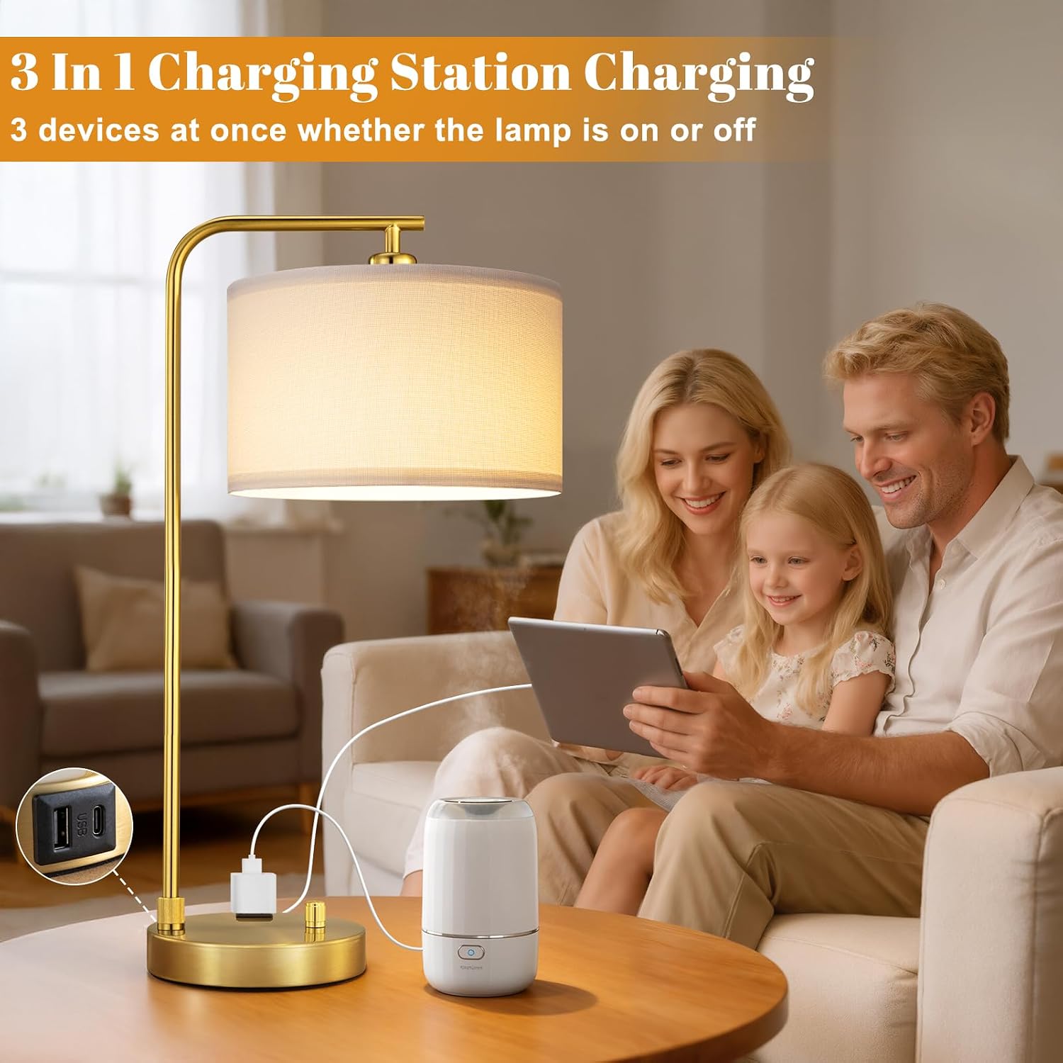 Bedside Table Lamps For Bedroom Set Of 2-Dimmable Nightstand Lamps With Usb Port And Outlet,Modern Gold Lamps With Linen Shade,Tall Desk Lamps For Home Office Bedroom Living Room End Table