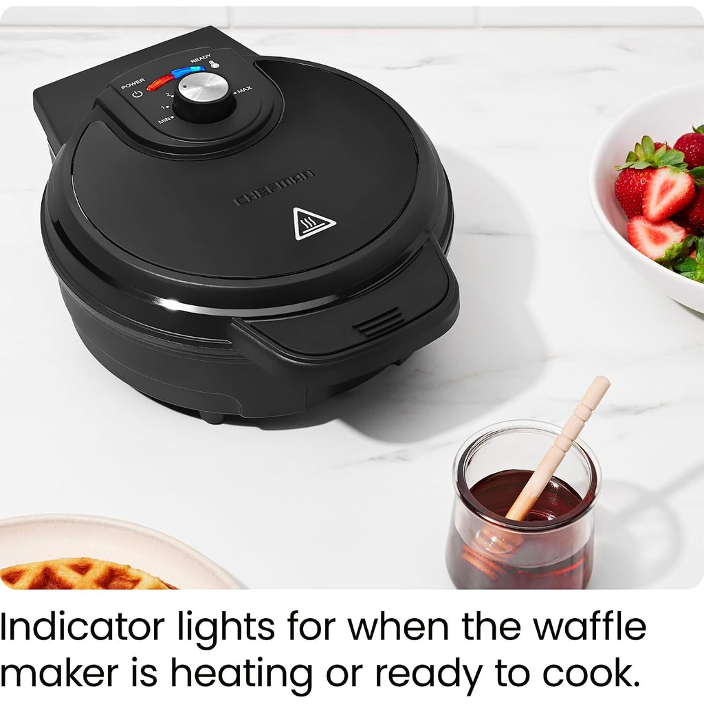 Chefman Anti-Overflow Belgian Waffle Maker W/Shade Selector, Temperature Control, Mess Free Moat, Round Iron W/Nonstick Plates & Cool Touch Handle, Measuring Cup Included, Black