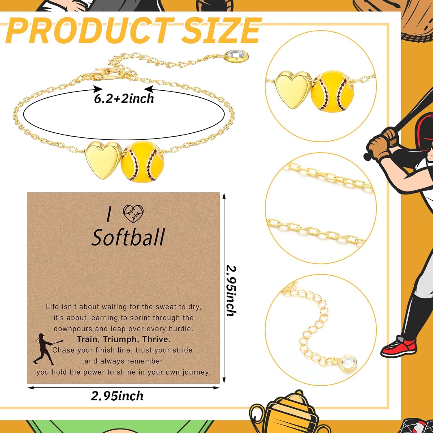 Tondiamo 12 Sets Baseball Volleyball Softball Soccer Tennis Bracelet for Women Dainty Gold Plated Heart Bracelets Sport Lovers Gifts with Inspirational Cards Sports Jewelry Gifts