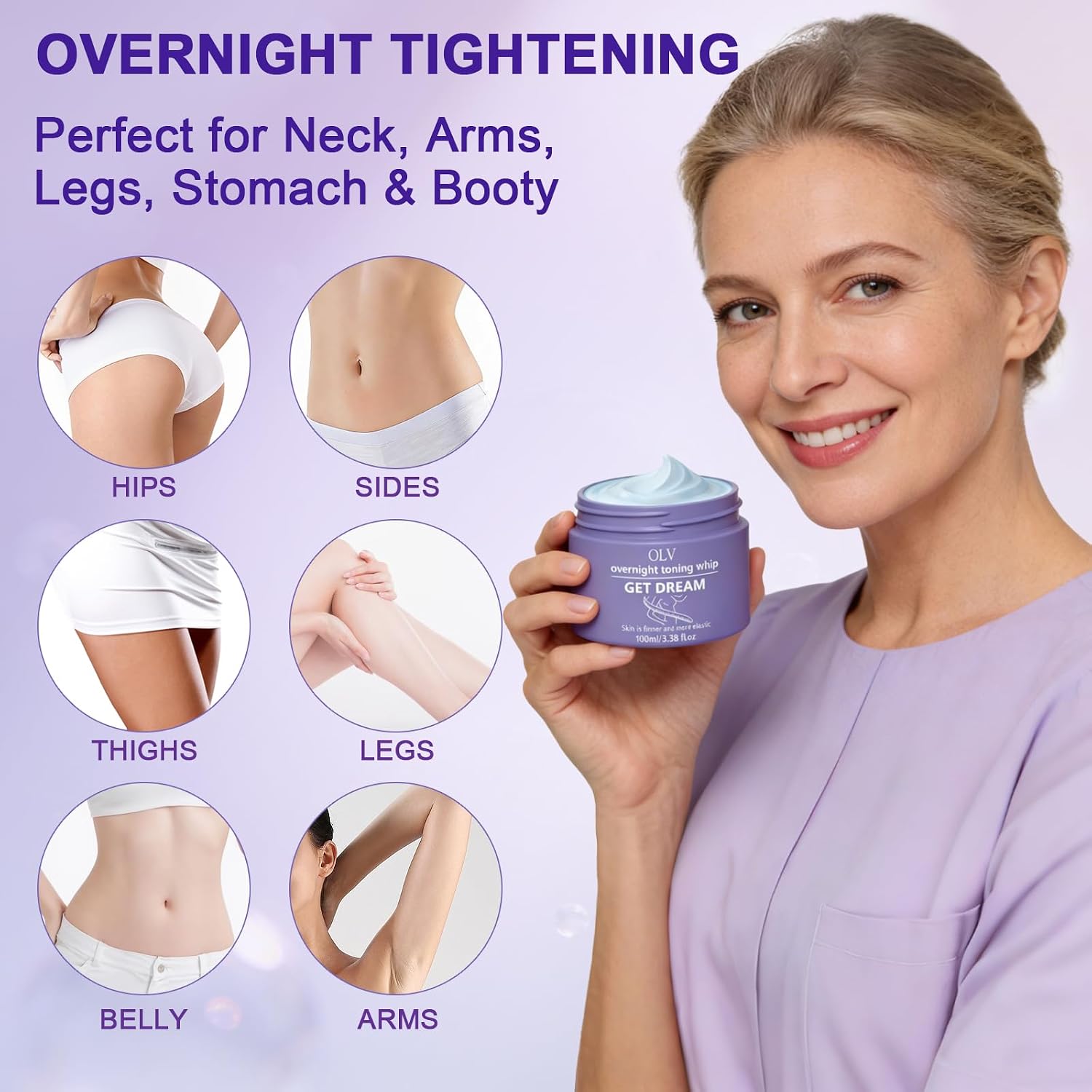 Olv Overnight Toning Whip, Body Firming Cream For Women, Anti Wrinkle Moisturizing Toning Whip, Smooth & Tight Skin Help Target The Appearance Of Loose Skin For All Skin Types/3.38 Oz