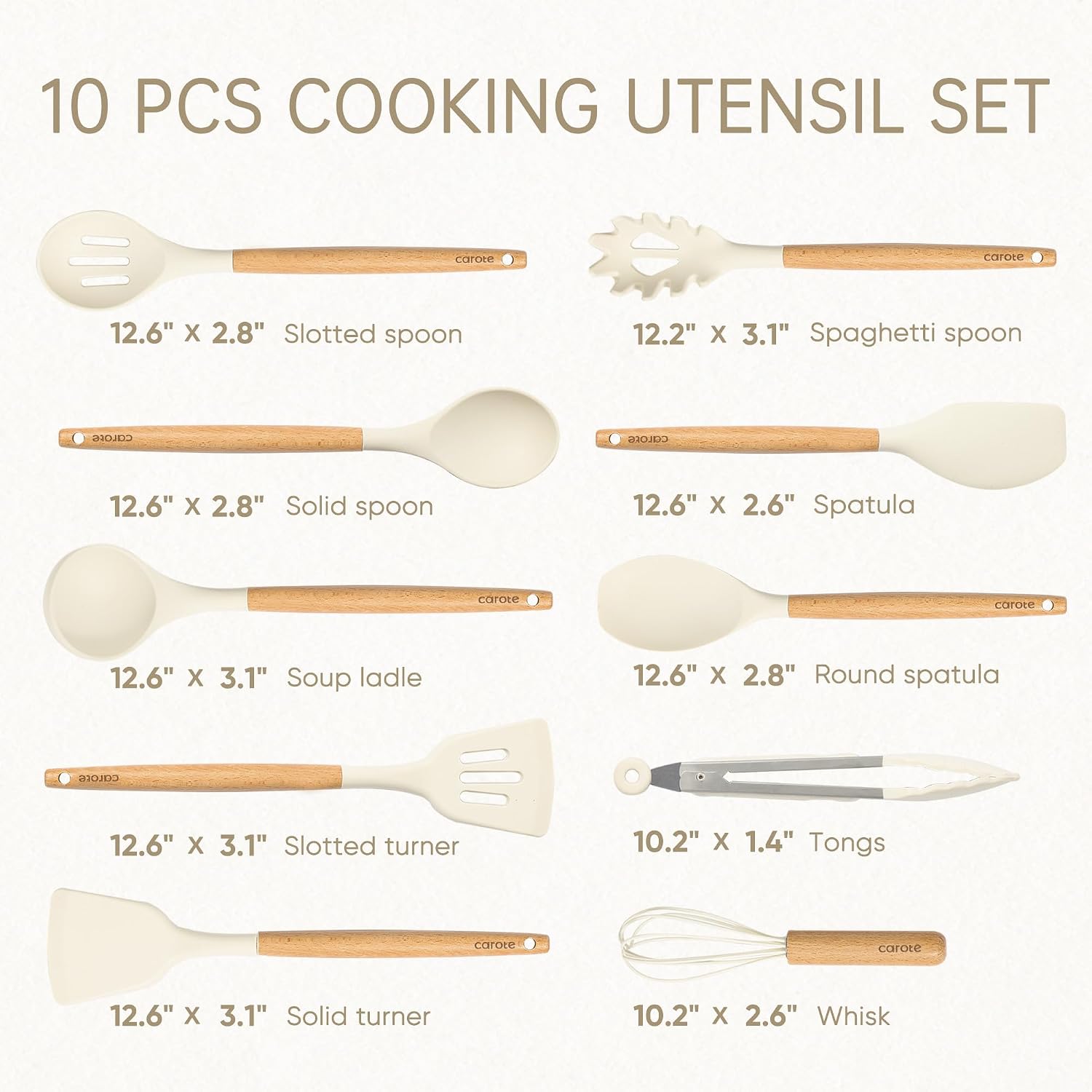 Carote Silicone Cooking Utensils Set, Kitchen Utensils Set 10 Pcs For Cooking, Bpa Free Spatula Set With Heat Resistant Wood Handles For Nonstick Cookware (Cream White)