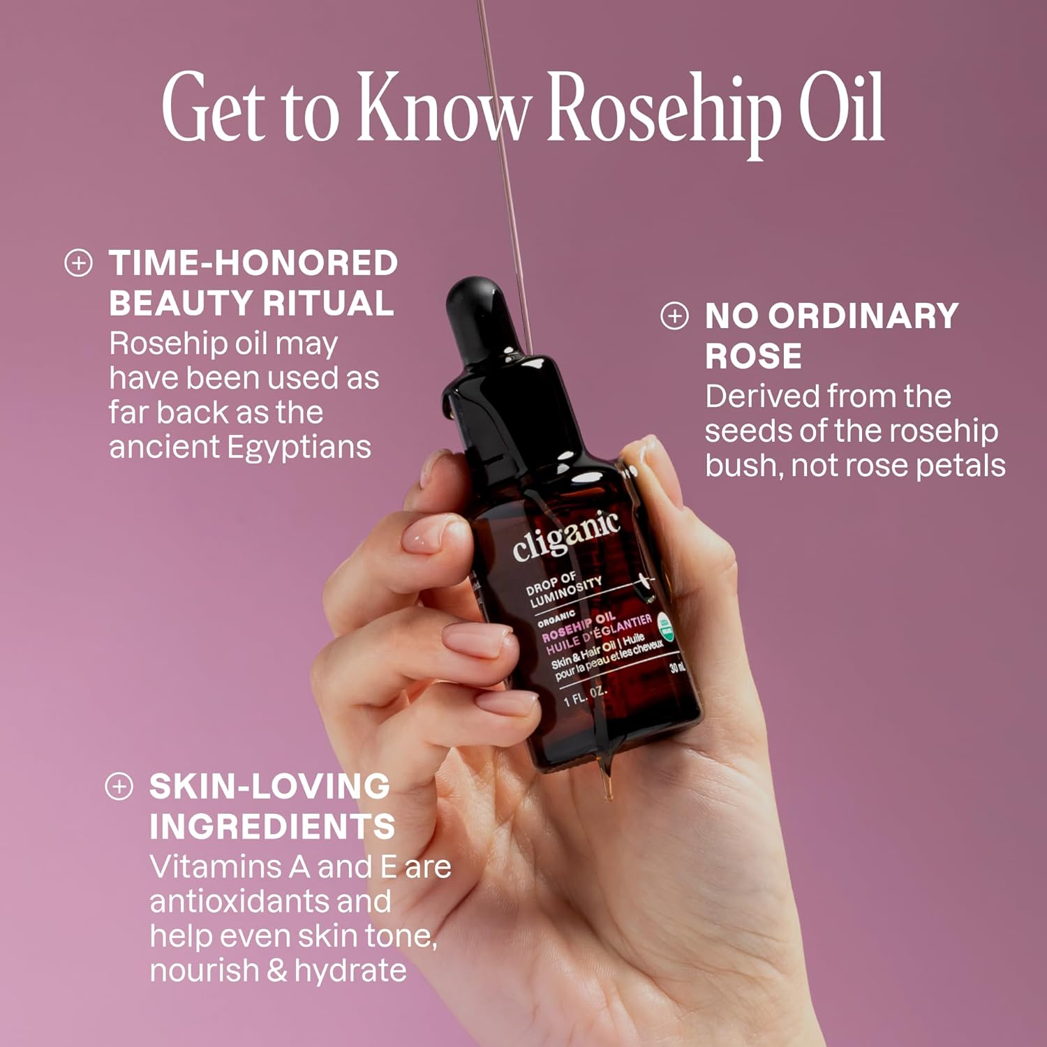 Cliganic Organic Rosehip Seed Oil for Face, 100% Pure | Natural Cold Pressed Unrefined Non-GMO | Carrier Oil for Skin, Hair & Nails