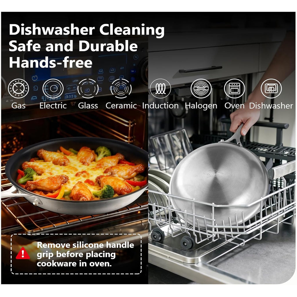 10 Inch Nonstick Frying Pan, Tri-Ply Clad Stainless Steel Skillet With Reinforced Coating, Detachable Handle With Sleeve, Dishwasher & Oven Safe, Induction Compatible, Pfoa-Free Fajita Pans