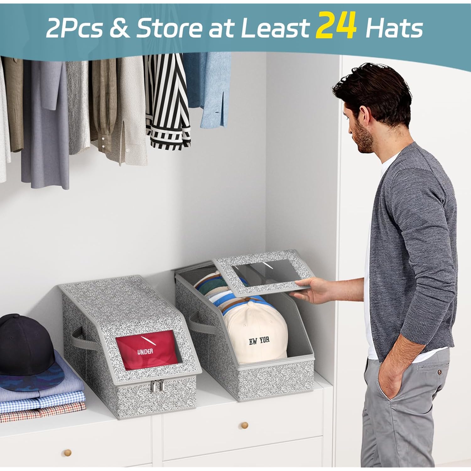 2 Pcs Stackable Hat Storage For Baseball Caps, Holds Up To 24 Caps Hat Organizer For Closet, Sturdy Snapback Boxes For Men With Cardboard, Grey