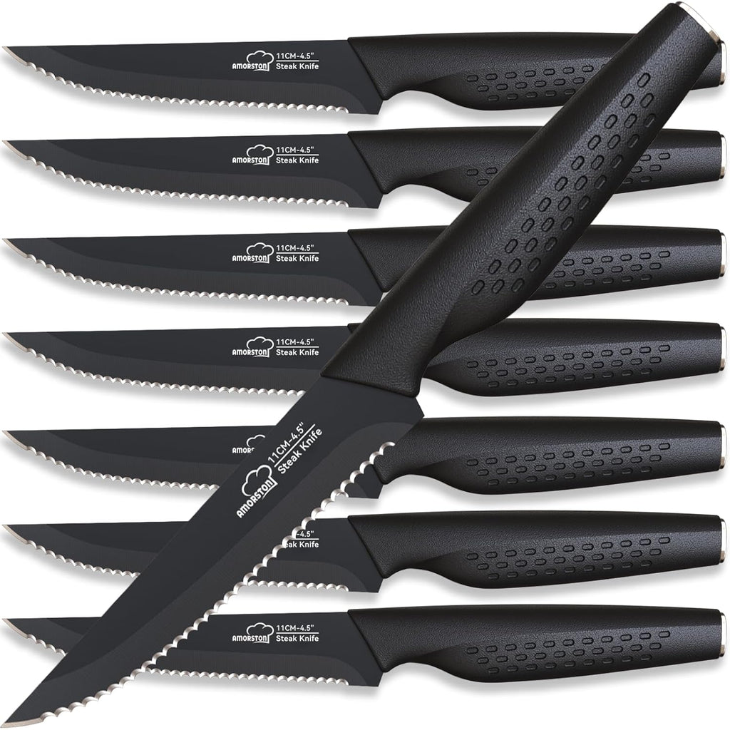 Amorston Steak Knives, Steak Knives Set of 8, Stainless Steel Steak Knife Set, Serrated Knives Dishwasher Safe, Elegant Black Mothers Day Gifts for Women