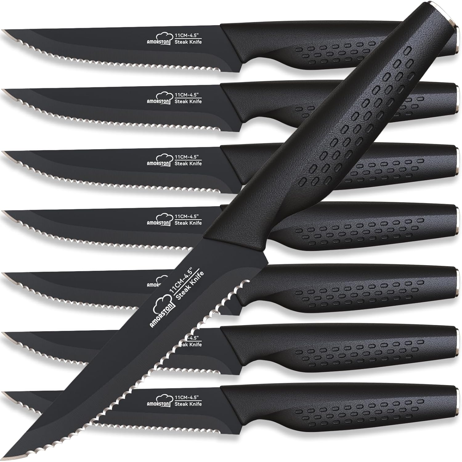 Amorston Steak Knives, Steak Knives Set of 8, Stainless Steel Steak Knife Set, Serrated Knives Dishwasher Safe, Elegant Black Mothers Day Gifts for Women