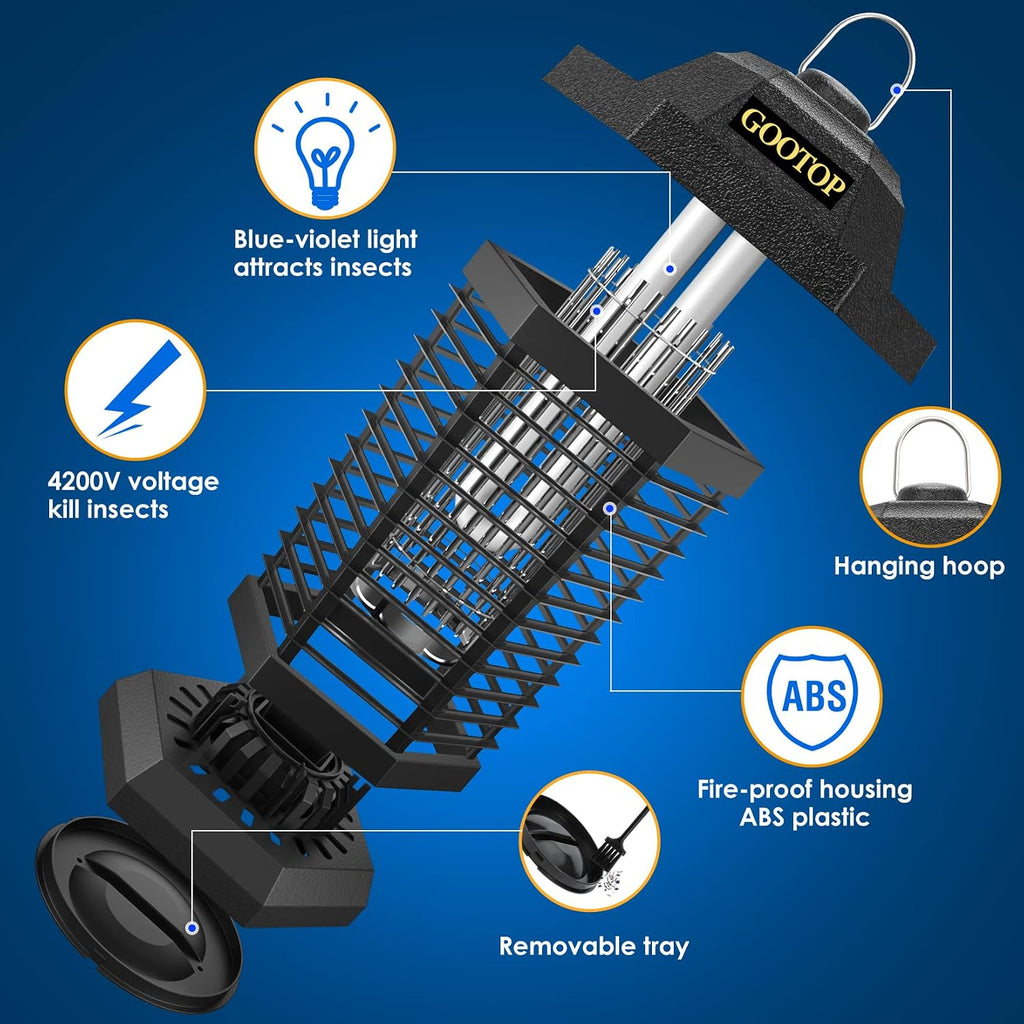 Gootop Bug Zapper Outdoor, Mosquito Zapper, 4200V 3 Prong Plug In Electric Fly Zapper, Mosquito Killer, Fly Traps, Flying Insects Zapper Indoor Outdoor, Abs Plastic Outer (Black)