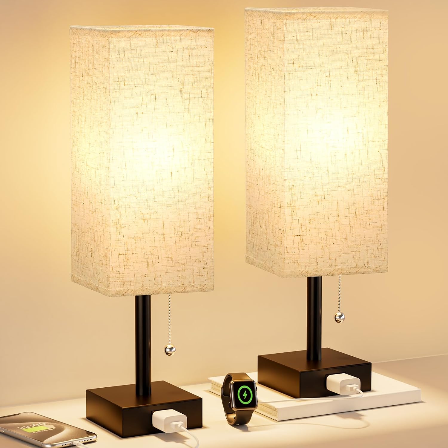 Bedside Table Lamps For Bedroom Set Of 2 - Small Rectangular Nightstand Lamp With Ac Outlet Charging Port, 3 Color Temperatures Desk Light With Bulb, Tabletop Reading Lamp For Living Room/Dorm/Office