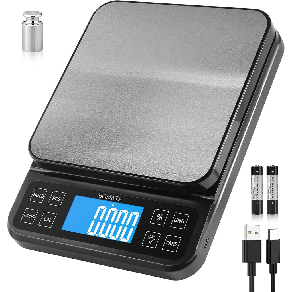 Bomata Large Kitchen Scale With 0.1G/0.001Oz High Precision, 5Kg/11Lb Bakery Scale With% Percentage Function, Usb Rechargeable, Full-View Angle Lcd With Backlight, Stainless Steel Pan