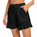 Linen Shorts for Women High Waisted Wide Leg Drawstring Ruffle Summer Beach Casual Loose Flowy Shorts with Pockets