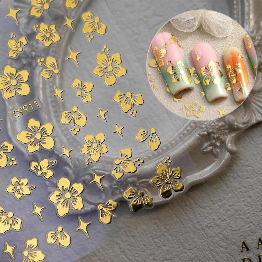 12 Sheets Gold Star Nail Art Stickers 3D Self Adhesive Flower Heart Letter Number Nail Decals Gold Metal Star Nail Art Supplies Manicure Decorations for Women Acrylic Nails DIY Accessories